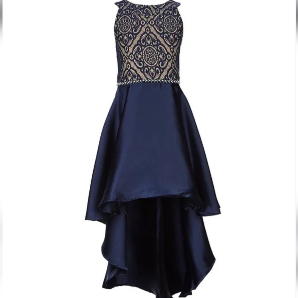 Xtraordinary Navy Big Girls Bonded-Lace Mikado High-Low Dress Size 8